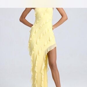 Oh Polly Yellow Asymmetrical Gown with One Shoulder and Sleeveless Design